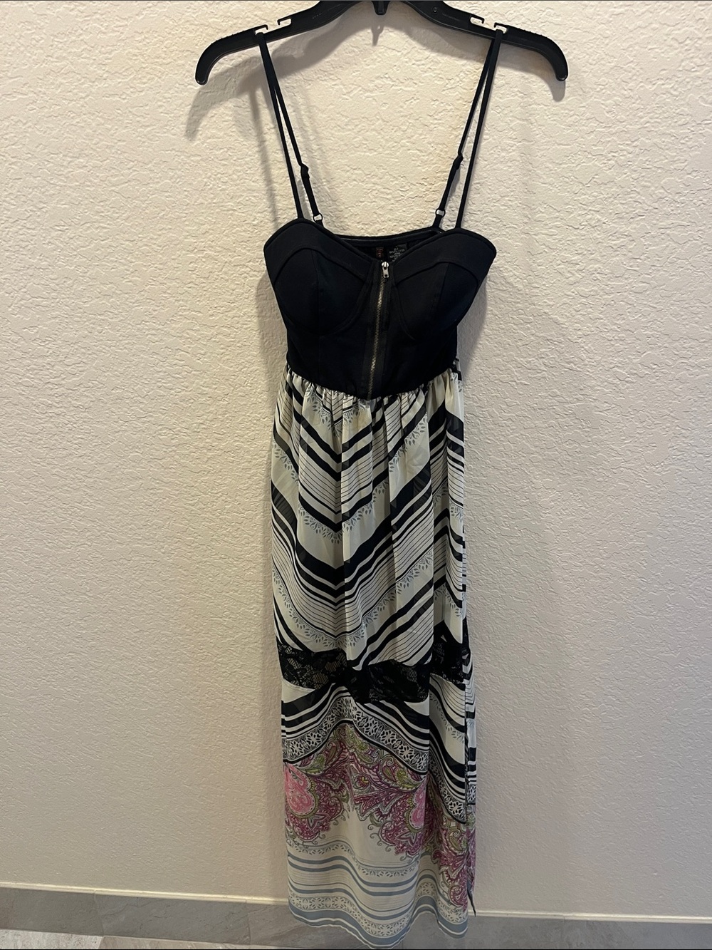 Fire Los Angeles Black Bustier Maxi Dress with Cream and Pink Paisley Skirt